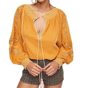 Free People Notting Hill Boho Embroidered Peasant Top Size XS